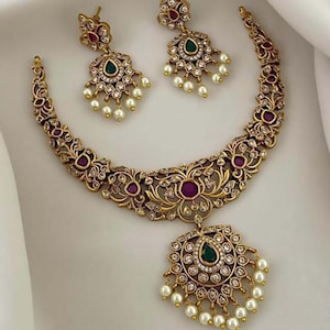 Ruby Kemp Gold Plated Necklace With Earrings/Temple Jewelry/Traditional Wedding Jewelry Set/CZ Necklace/Diwali Jewelry/Navratri Necklace