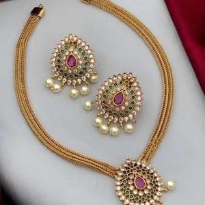 South Indian Wedding Wear Gold Plated Necklace/Traditional Jewelry Set/Choker With Earrings