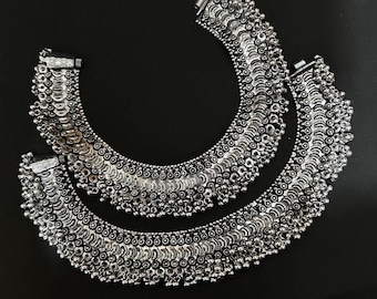 Heavy Silver Oxidized Anklet Set/Indian Payal For Women/Boho Ethnic Anklet