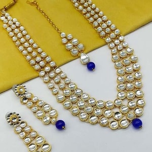 Kundan Bridal Jewelry Set: Indian Necklace Earrings Tikka - Brass