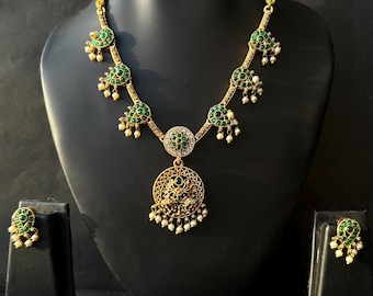 Green Gold Plated Kundan Necklace Set/South Indian Jewelry/Bridal Wedding Jewelry