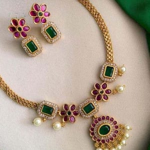Antikes Design Südindische Halskette/Tempel Schmuck/Traditionelle Vergoldete Halskette/Hochzeit Schmuck Set/Statement Halskette/Kemp Halskette