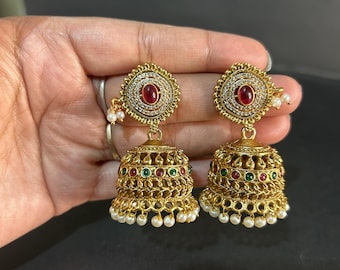 CZ Kemp Ruby Gold Plated Jhumka/Bridal Temple Jewelry/Indian Earrings/Wedding Gift