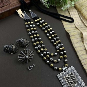 Oxidized Long Necklace/Necklace With Earrings Ring Nosepin/Statement Necklace/Tribal Jewelry/Navratri Jewelry/New Year Jewelry/Garba Jewelry