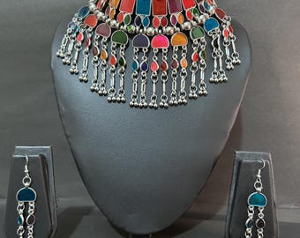 Oxidized Black Choker Set/Women Jewelry Set/Tribal Boho Necklace/Indian Earrings