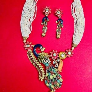 Peacock Multicolor Kundan Pearl Choker Set/Necklace With Earrings/Gold Plated Necklace/Wedding Wear Jewelry Set/Traditional Jewelry/Choker
