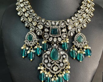 Indian Wedding Jewelry Set: Cz Kundan Choker,Necklace With Earrings Maangtika