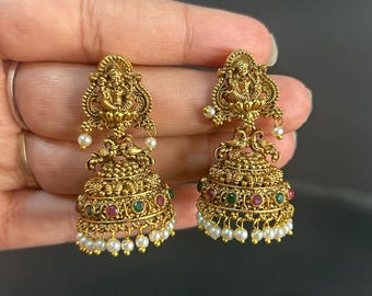 Gold Plated Jhumka Earrings: Indian Wedding Temple Jewelry