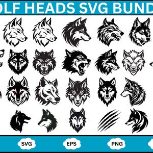 May include: A digital art bundle featuring various wolf head designs in black and white. The designs include different angles and expressions, with some showing teeth or a fierce look. The image also includes file type icons: JPG, SVG, EPS, PNG, and AI.