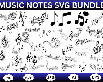 Musiknoter SVG-paket för Cricut | Musikaliska clipart-klippfiler | Digital nedladdning