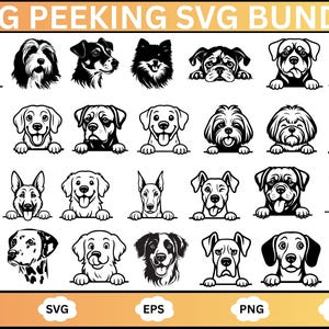 Op de afbeelding: Een digitale SVG-bundel met verschillende hondenrassen in een loerhouding. De zwart-wit illustraties omvatten verschillende hondenrassen, zoals een Rottweiler, een Dalmatische hond en een Franse Bulldog. De afbeelding bevat ook labels voor bestandstypen: JPG, SVG, EPS, PNG en AI.