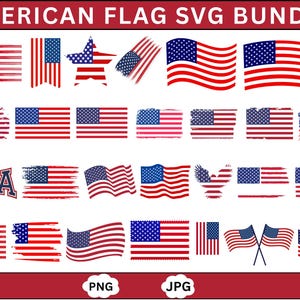 Può includere: Una collezione di design della bandiera americana in rosso, bianco e blu. L'immagine include vari stili, come bandiere sventolanti, una bandiera a forma di stella e la parola "USA". Il testo "AMERICAN FLAG SVG BUNDLE" è in alto.