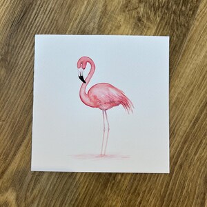 Tarjeta original de acuarela pintada a mano con un flamenco rosa. Cumpleaños, aniversario, boda, agradecimiento, amor, etc.