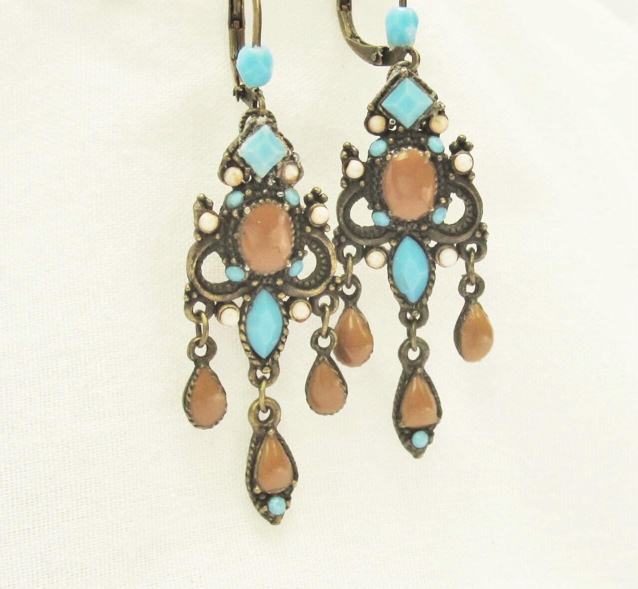 Vintage Earrings Antiqued Brass With Blue Stones And Enamel Etsy