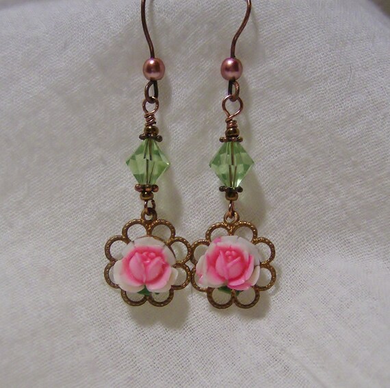 Items similar to Earrings, Copper with Crystal and Roses, Spring Rose on Etsy