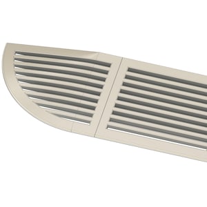 Puede incluir: Una persiana de ventana semicircular de color beige claro con lamas horizontales. La persiana está dividida en tres secciones, con las secciones exteriores curvadas para que coincidan con la forma de la ventana. El diseño es sencillo y moderno.