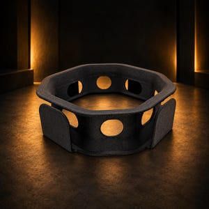 May include: A black, octagonal-shaped frame with a textured surface. The structure features a series of circular cutouts along its perimeter and includes several vertical, rectangular side panels extending from the main ring-like body.
