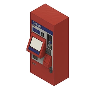 Könnte beinhalten: Ein roter Fahrkartenautomat mit Touchscreen und einem Schlitz zum Einlegen von Fahrkarten. Die Maschine hat eine rechteckige Form und ist oben mit "Tickets" beschriftet. Der Bildschirm ist weiß, und die Maschine hat eine blau-weiße Blende.