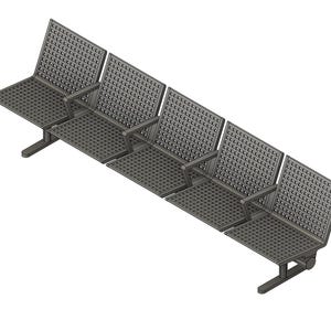 Könnte beinhalten: Eine graue Metallbank mit sechs einzelnen Sitzen. Jeder Sitz und jede Rückenlehne hat ein quadratisches Gittermuster. Die Bank hat ein modernes Design und eignet sich für Außen- oder öffentliche Bereiche.