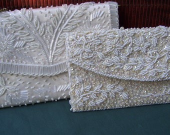VINTAGE EVENING BAGS---- white, pearls, gold  tone,chain
