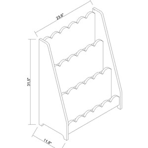 May include: White wooden bookshelf with three scalloped shelves. The bookshelf is 31.5 inches tall, 23.6 inches wide, and 11.8 inches deep. The design is simple and modern, suitable for various decor styles.