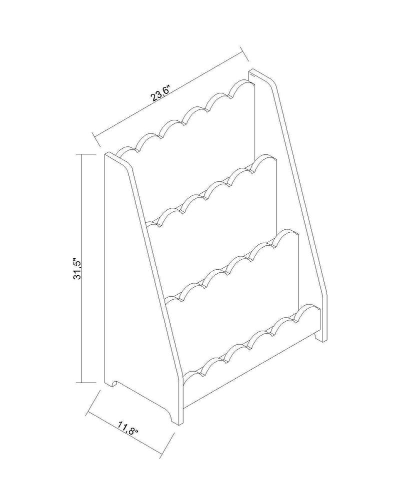 May include: White wooden bookshelf with three scalloped shelves. The bookshelf is 31.5 inches tall, 23.6 inches wide, and 11.8 inches deep. The design is simple and modern, suitable for various decor styles.