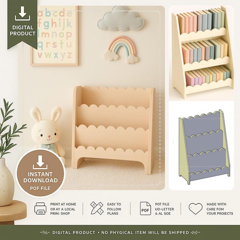 May include: A light-colored wooden bookshelf with a scalloped edge design. The image also includes a plush bunny, a framed alphabet print, and decorative felt cloud and rainbow accents. The text on the image says "DIGITAL PRODUCT" and "INSTANT DOWNLOAD PDF FILE".