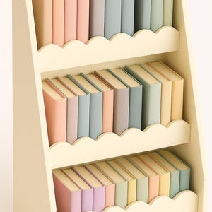 May include: A three-tiered, off-white bookshelf filled with pastel-colored books. The books are arranged in rows, with colors including pink, lavender, blue, and yellow. The bookshelf has a scalloped edge design.