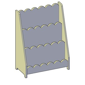 May include: A light gray wooden bookshelf with three shelves. The edges of the shelves and the frame are a light yellow color. The top edges of the shelves have a scalloped design.