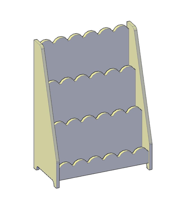 May include: A light gray wooden bookshelf with three shelves. The edges of the shelves and the frame are a light yellow color. The top edges of the shelves have a scalloped design.