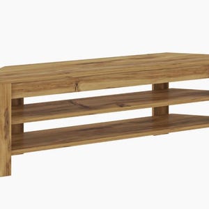 Op de afbeelding: Houten hoek-tv-standaard met twee planken. De standaard is gemaakt van lichtbruin hout en heeft een natuurlijke houtnerf. De standaard heeft een driehoekige vorm en is ontworpen om in een hoek te passen. De planken zijn open en bieden opbergruimte.