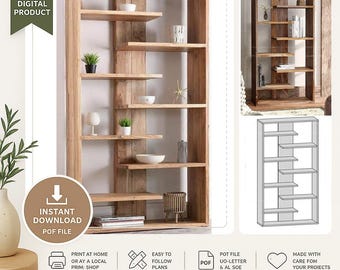 Asymmetric Wooden Bookshelf Plan PDF: DIY Woodworking Blueprint