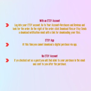 Op de afbeelding: Een afbeelding met een verloopachtergrond, met instructies over het downloaden van digitale aankopen op Etsy. De tekst behandelt scenario's voor Etsy-accounthouders, de Etsy-app en gastgebruikers.