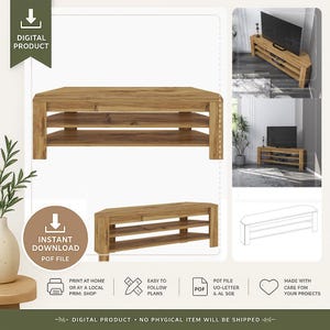 May include: Digital product showing a wooden TV stand design. The stand has a rectangular shape with two shelves and a natural wood finish. The image includes a corner TV stand design and a line drawing. The text says 'Digital Product'.