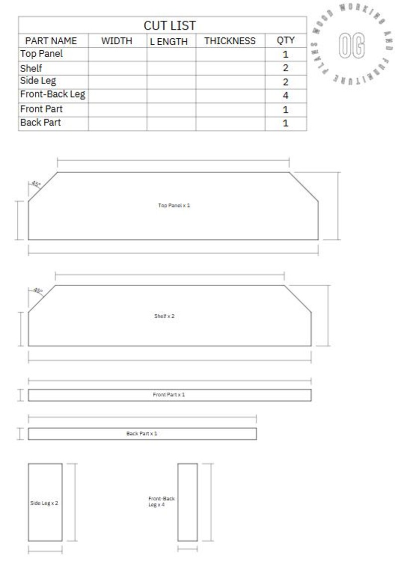 Op de afbeelding: Een gedetailleerde zaaglijst voor houtbewerkingsprojecten, met diagrammen en afmetingen voor verschillende onderdelen zoals het bovenpaneel, de plank en de poten. Het diagram bevat afmetingen en benodigde hoeveelheden voor elk onderdeel.