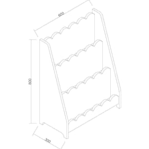 May include: A three-tiered wooden bookshelf with a scalloped edge design. The bookshelf is 800mm tall, 600mm wide, and 300mm deep. The design is a line drawing on a white background.