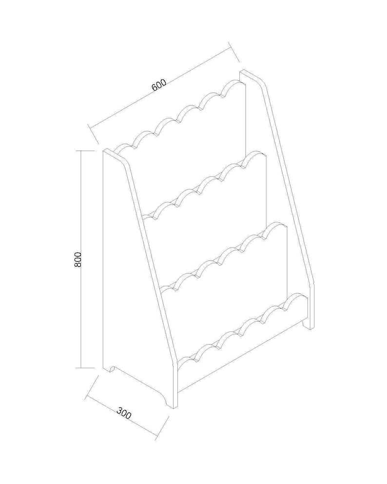 May include: A three-tiered wooden bookshelf with a scalloped edge design. The bookshelf is 800mm tall, 600mm wide, and 300mm deep. The design is a line drawing on a white background.