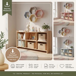 May include: A light wood bookcase with six compartments, filled with books, baskets, and decorative items. Above, are three sets of hexagon-shaped shelves in pastel colors. The image also includes text that says "DIGITAL PRODUCT" and "INSTANT DOWNLOAD PDF FILE."