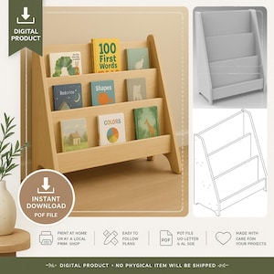 May include: A wooden bookshelf with three shelves, holding colorful children's books. The books have titles like "100 First Words," "Shapes," and "Colors." The bookshelf is light-colored and has a simple, modern design. The image also includes a digital product download icon.