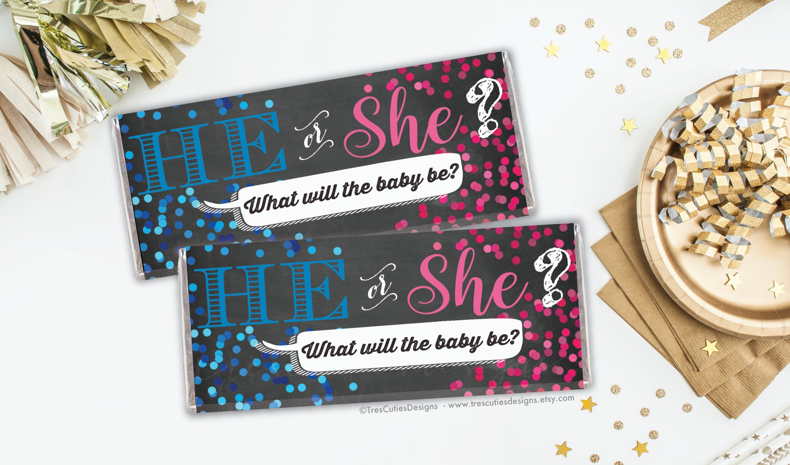 Gender Reveal Candy Bar Wrapper He or She Blue or Pink Etsy