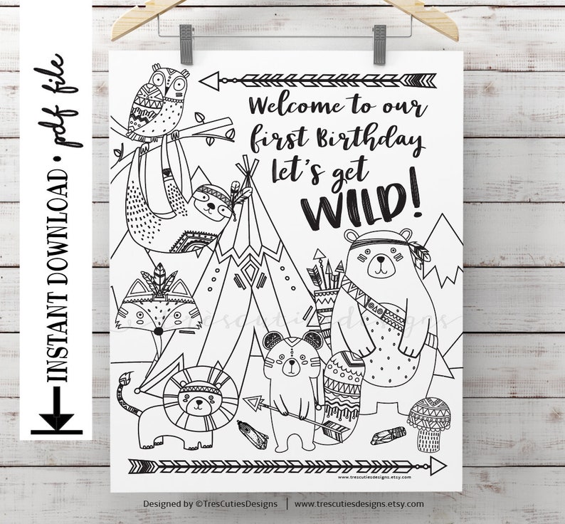 Wild One Birthday Coloring Page Tribal Animals Foxjoint | Etsy