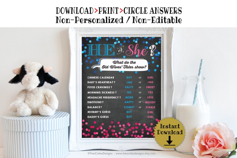 Baby Shower Chalkboard Sign Printable Blue Pink Confetti Instant Download Old Wives Tales Gender Reveal Gender Reveal Board