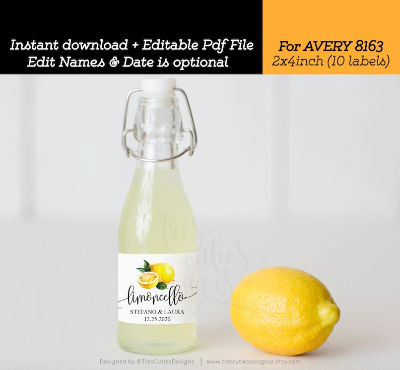 Limoncello Label Bottle Label For Avery 8163 Wedding Limoncello 2x4inches Limoncello Favor Names /& Date are EDITABLE Print Yourself