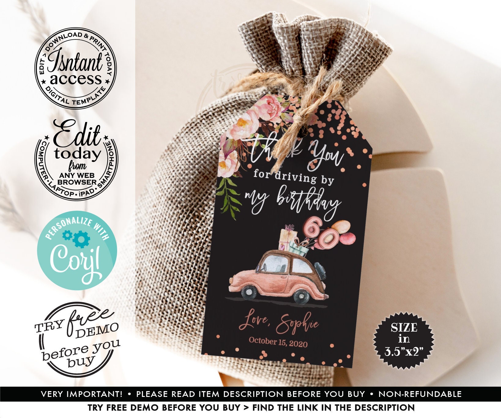 Adult Birthday Favor Thank You Tag Gift Tag Editable Floral Etsy