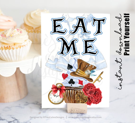 Alice in Wonderland 10 cupcake topper eat me 2/" pictures on both sides glossy