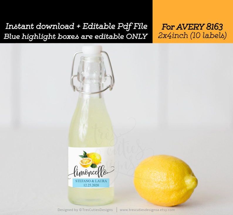 Limoncello Label Bottle Label For Avery 8163 Wedding Limoncello 2x4inches Limoncello Favor Names /& Date are EDITABLE Print Yourself
