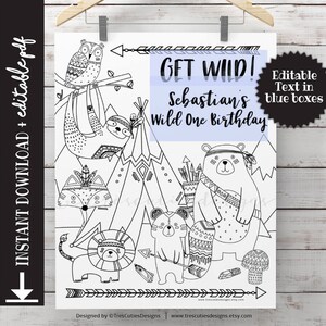 Wild One Birthday Coloring Page Tribal Animals Instant | Etsy