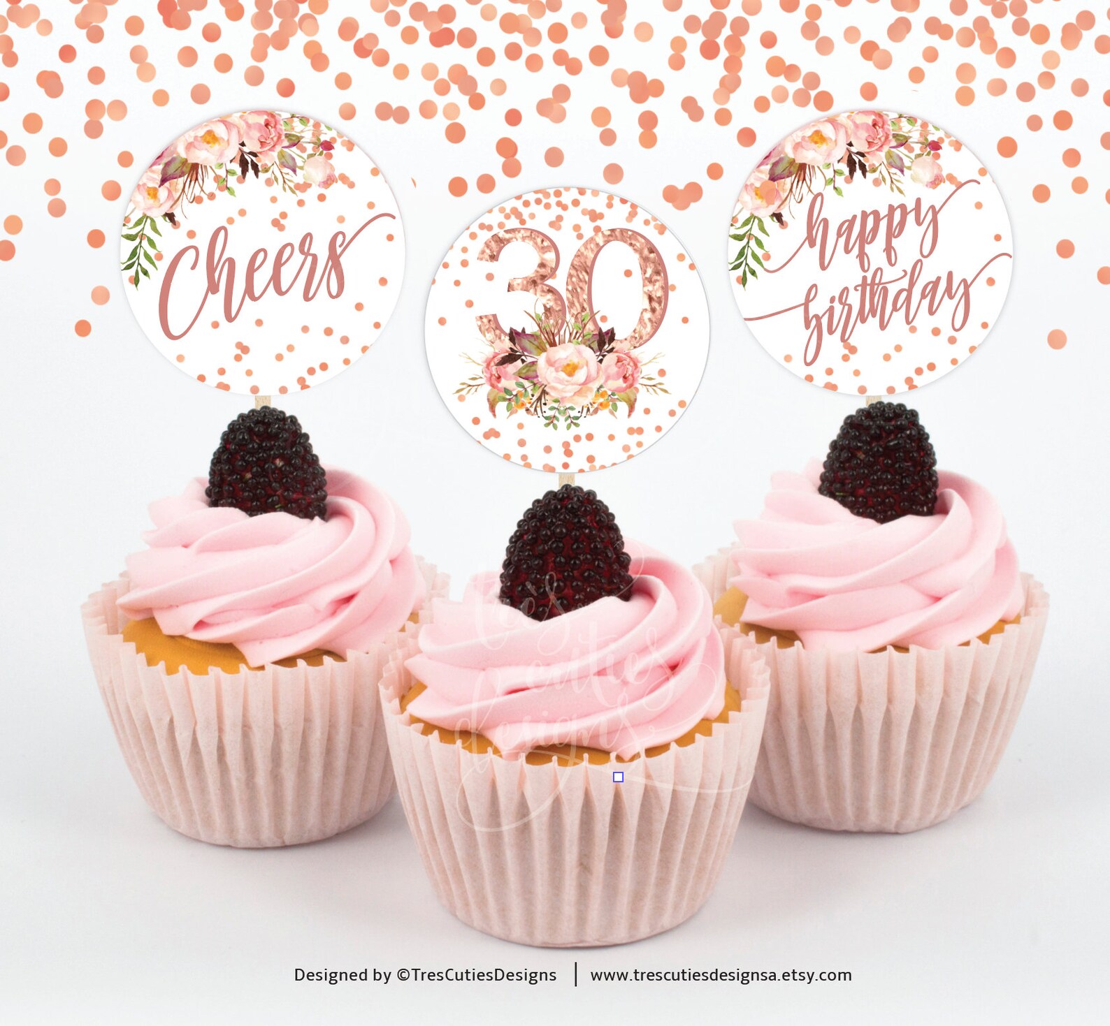 30th Birthday Cupcake Toppers Rose Gold Confetti 2inches Etsy