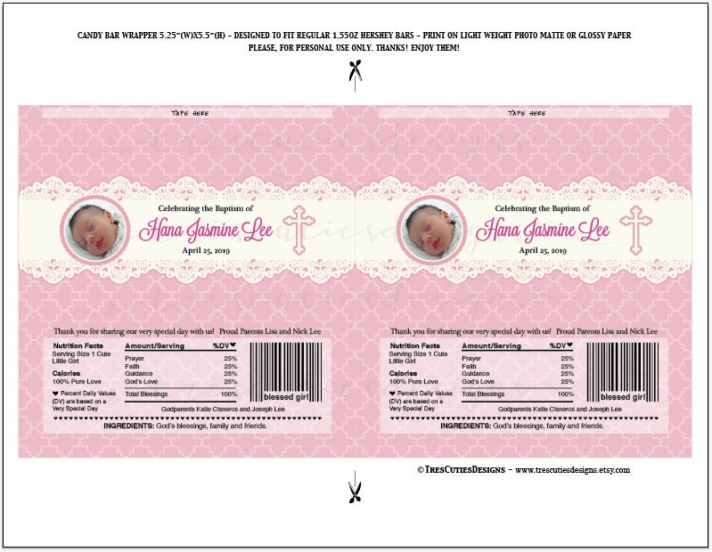 Baptism candy wrapper photo baptism candy bar Pink lace | Etsy