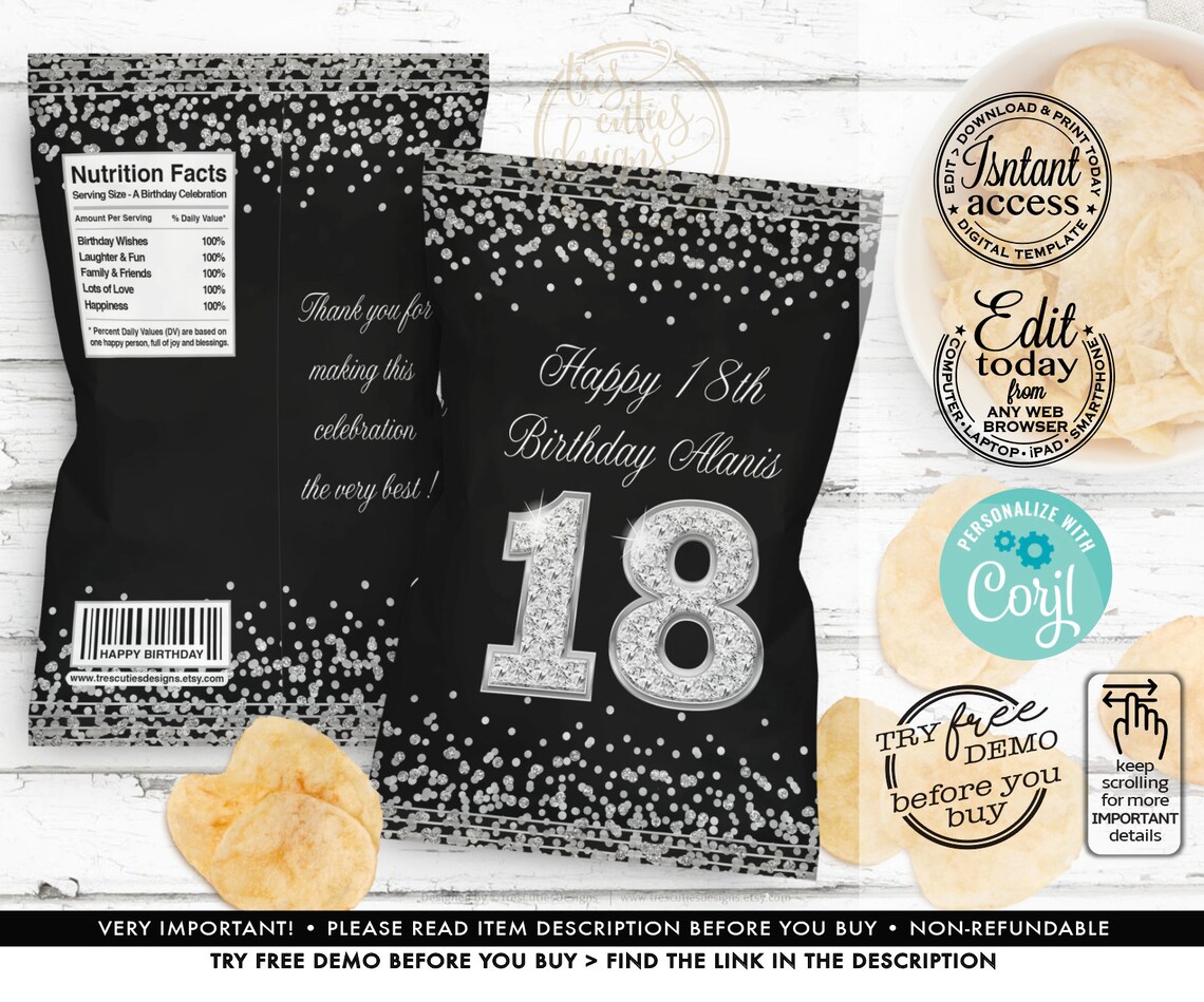 18th Birthday Chip Bag for All Ages Silver and Black 18th Etsy